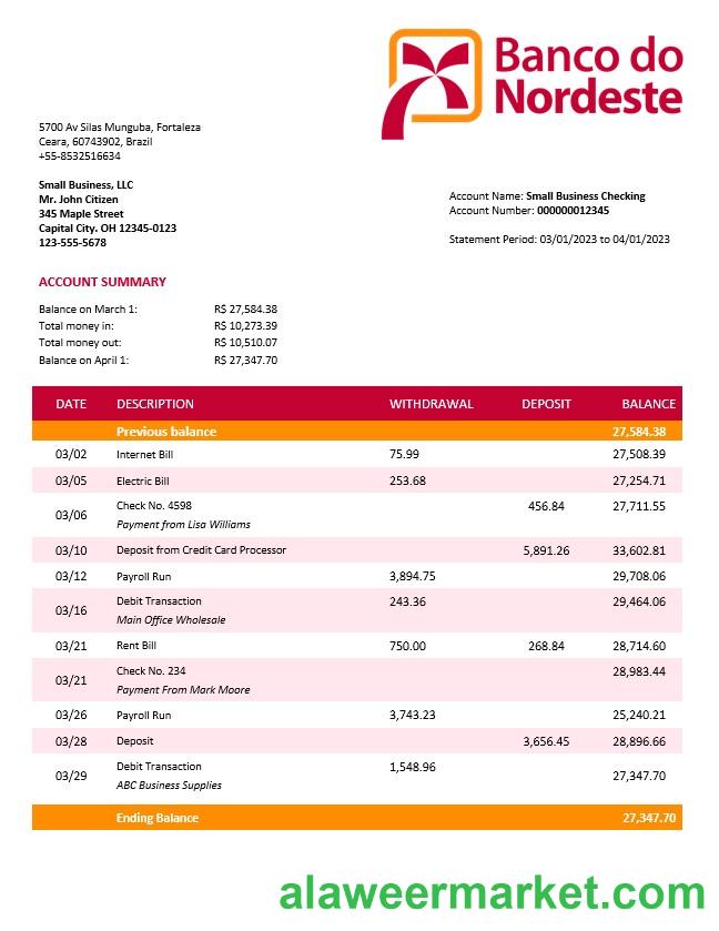 Banco do Nordeste firm account statement Word and PDF template